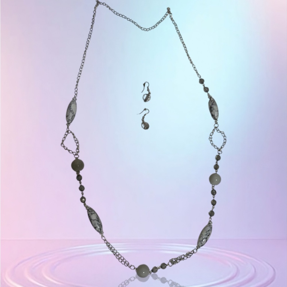 Beaded Necklace and Single Bead 1" Dangly Earrings Set Women's Gray/Silver